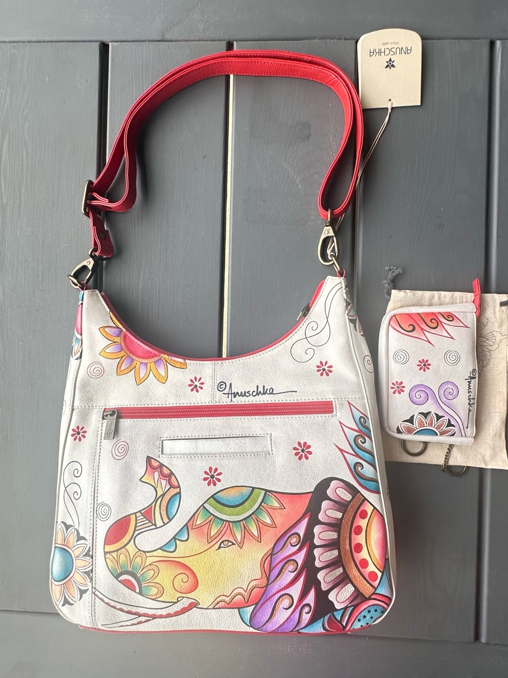 Anuschka White Multi Elephant Shoulder Bag with Red Trim